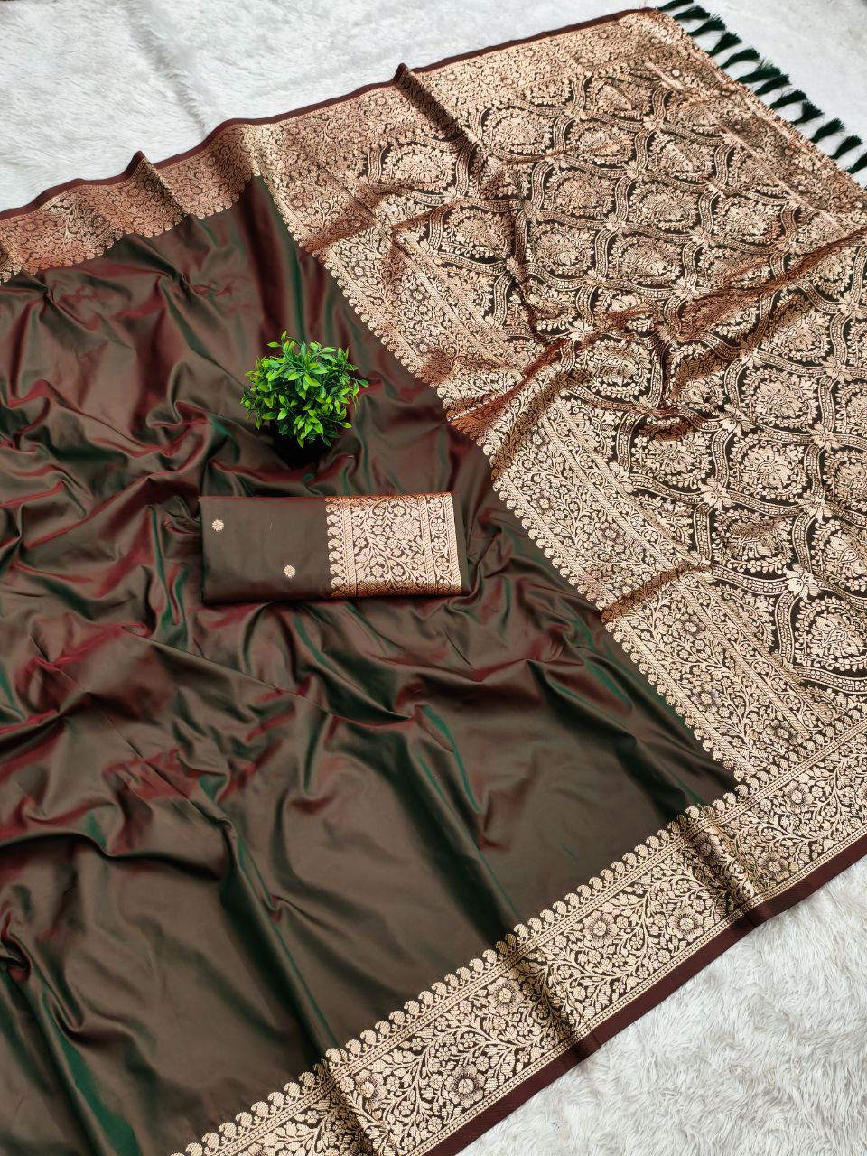 Mameraa Sarees Brown Soft Banarasi Silk Fabric Saree With Natural Zari Weaving In Gala Border-Brown | Grocsy
