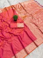 Mameraa Sarees Peach Soft Banarasi Silk Fabric Saree With Natural Zari Weaving In Gala Border-Peach | Grocsy
