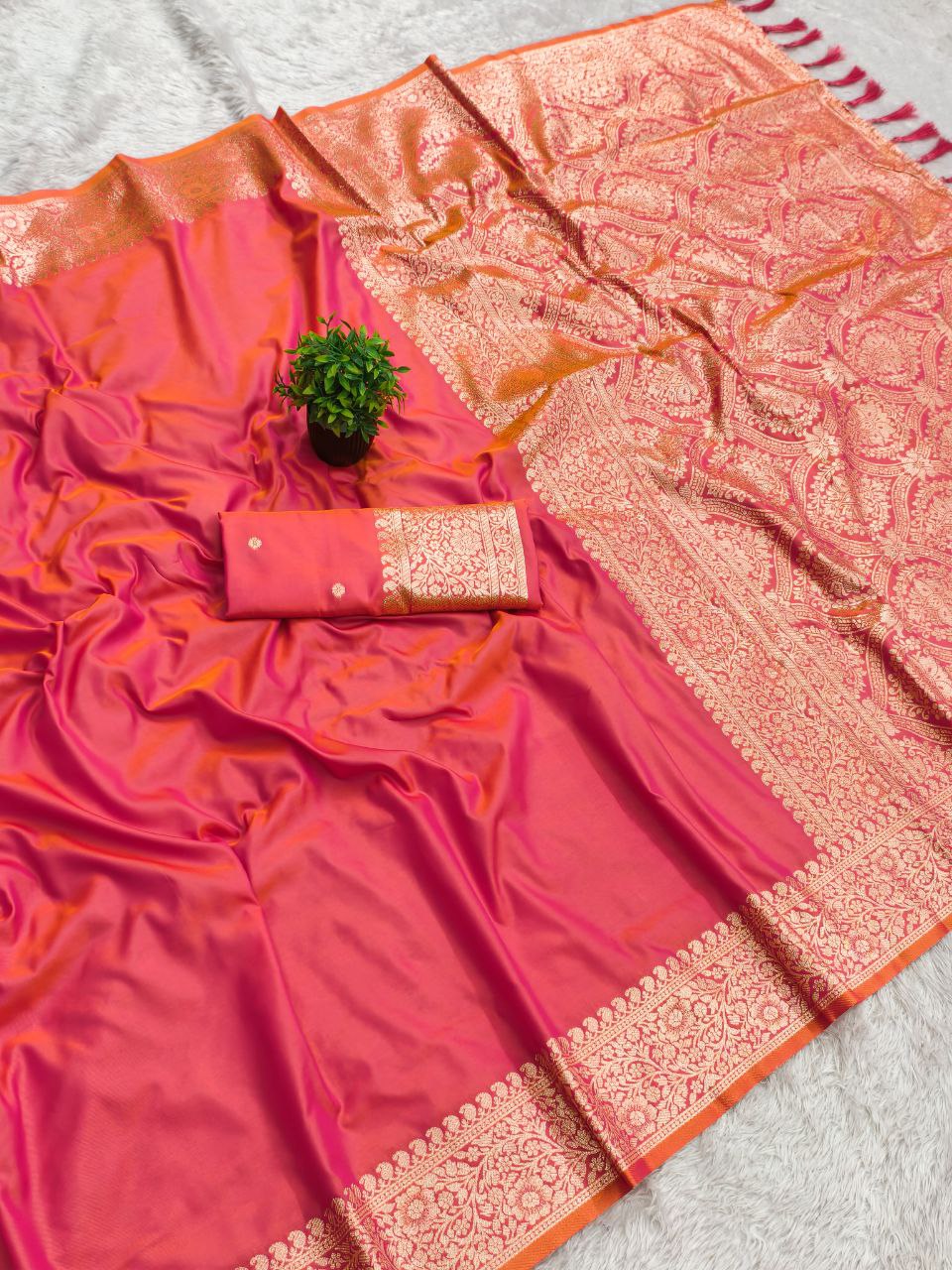 Mameraa Sarees Peach Soft Banarasi Silk Fabric Saree With Natural Zari Weaving In Gala Border-Peach | Grocsy