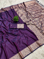 Mameraa Sarees Purple Soft Banarasi Silk Fabric Saree With Natural Zari Weaving In Gala Border-Purple | Grocsy