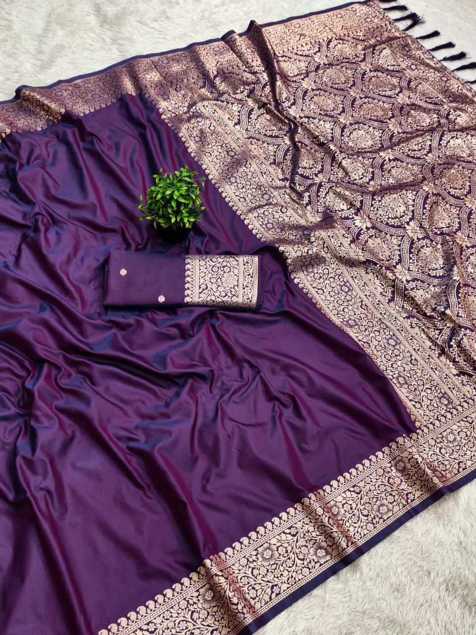 Mameraa Sarees Purple Soft Banarasi Silk Fabric Saree With Natural Zari Weaving In Gala Border-Purple | Grocsy