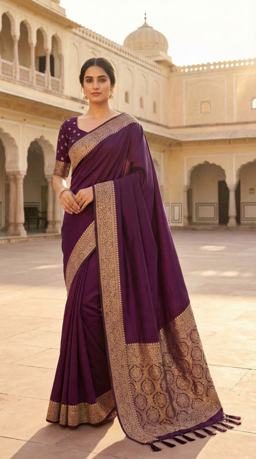 Mameraa Sarees Wine Soft Banarasi Silk Fabric Saree With Natural Zari Weaving In Gala Border-Wine | Grocsy