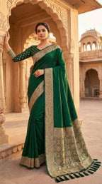 Mameraa Sarees Green Soft Banarasi Silk Fabric Saree With Natural Zari Weaving In Gala Border-Green | Grocsy