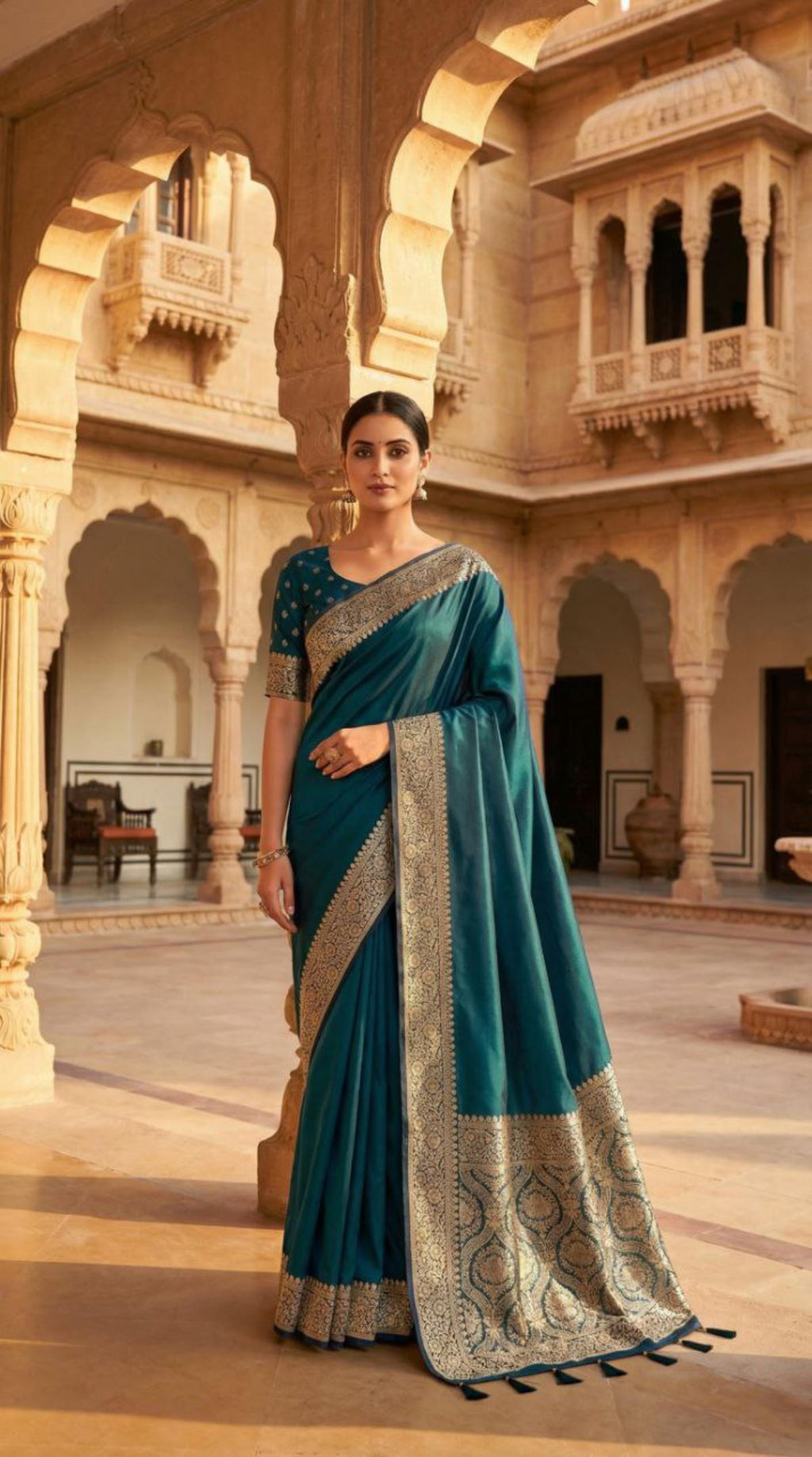 Mameraa Sarees Teal Soft Banarasi Silk Fabric Saree With Natural Zari Weaving In Gala Border-Teal | Grocsy