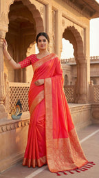 Mameraa Sarees Peach Soft Banarasi Silk Fabric Saree With Natural Zari Weaving In Gala Border-Peach | Grocsy