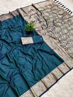 Mameraa Sarees Teal Soft Banarasi Silk Fabric Saree With Natural Zari Weaving In Gala Border-Teal | Grocsy