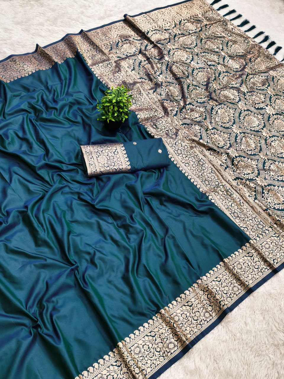 Mameraa Sarees Teal Soft Banarasi Silk Fabric Saree With Natural Zari Weaving In Gala Border-Teal | Grocsy