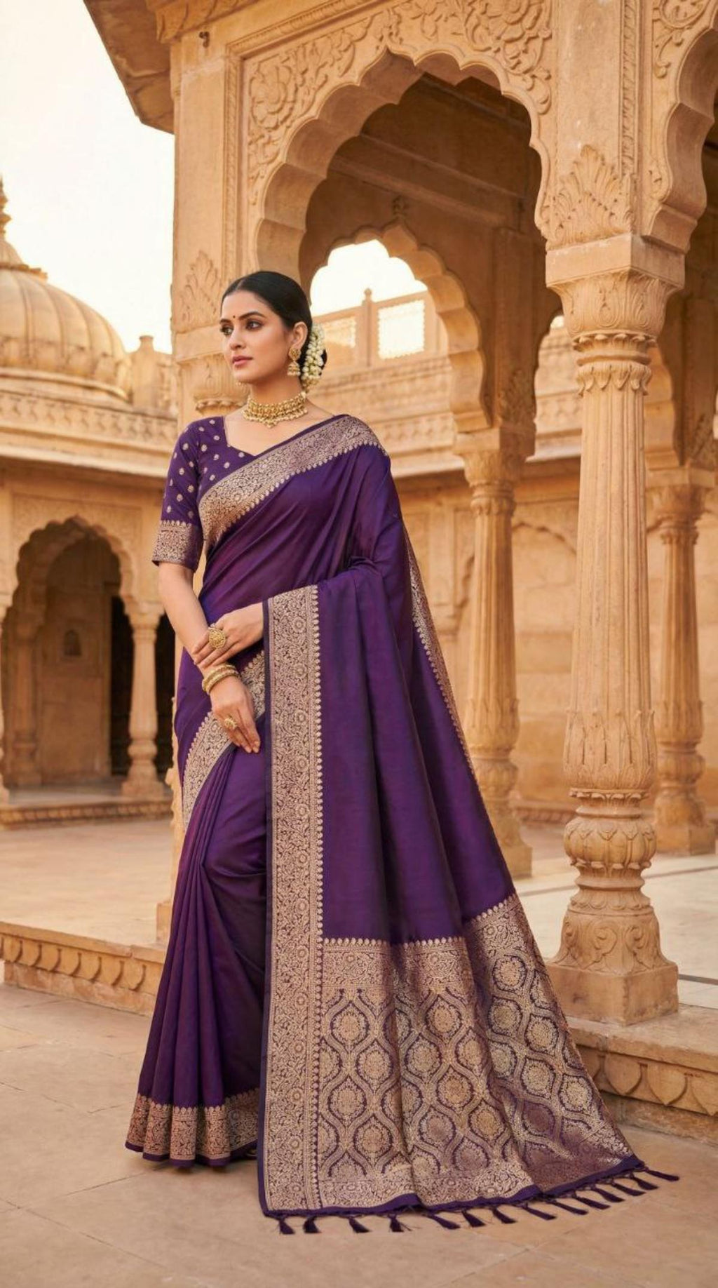 Mameraa Sarees Purple Soft Banarasi Silk Fabric Saree With Natural Zari Weaving In Gala Border-Purple | Grocsy