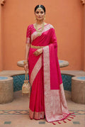 Mameraa Sarees Pink Soft Banarasi Silk Fabric Saree With Natural Zari Weaving In Gala Border-Pink | Grocsy
