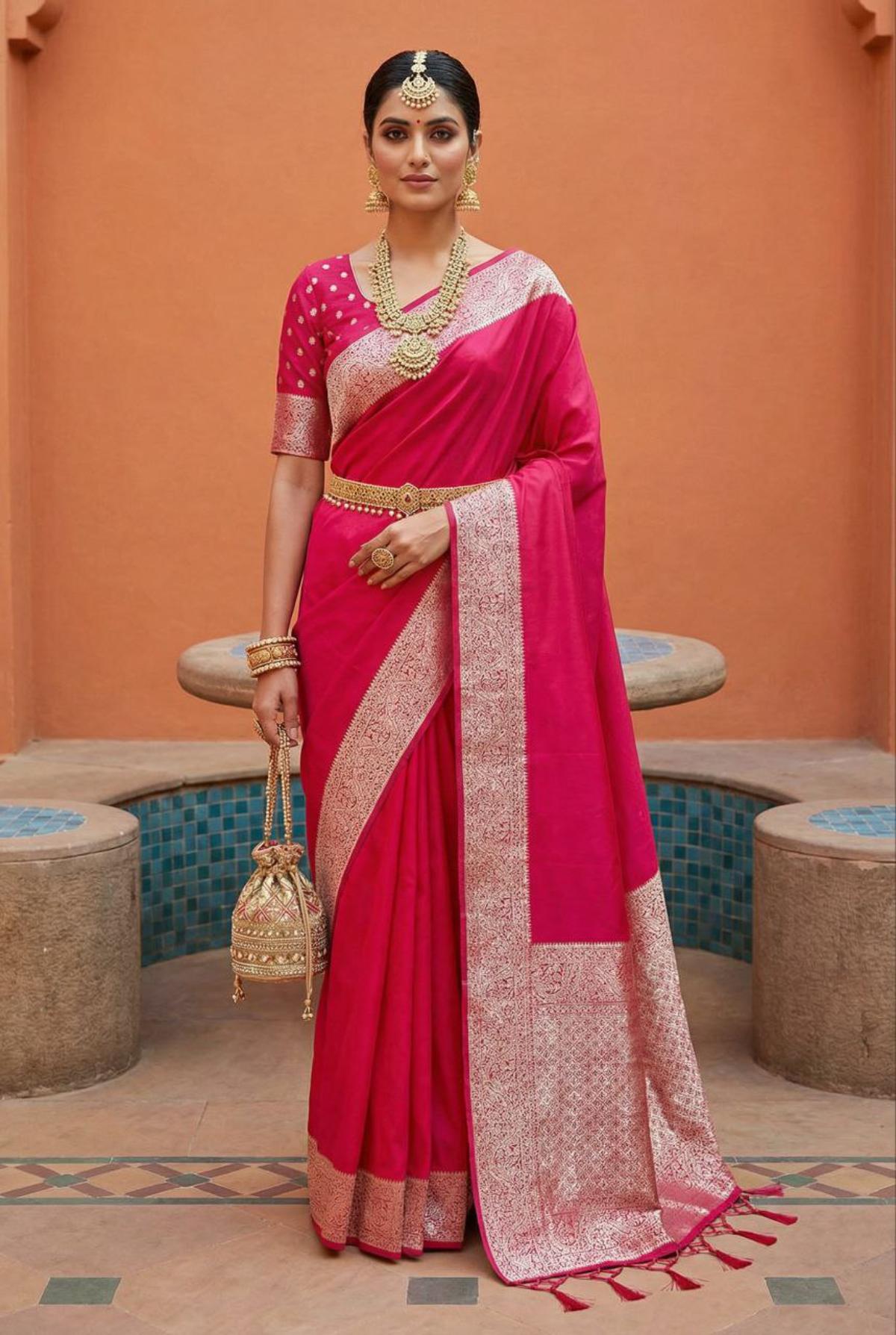 Mameraa Sarees Pink Soft Banarasi Silk Fabric Saree With Natural Zari Weaving In Gala Border-Pink | Grocsy