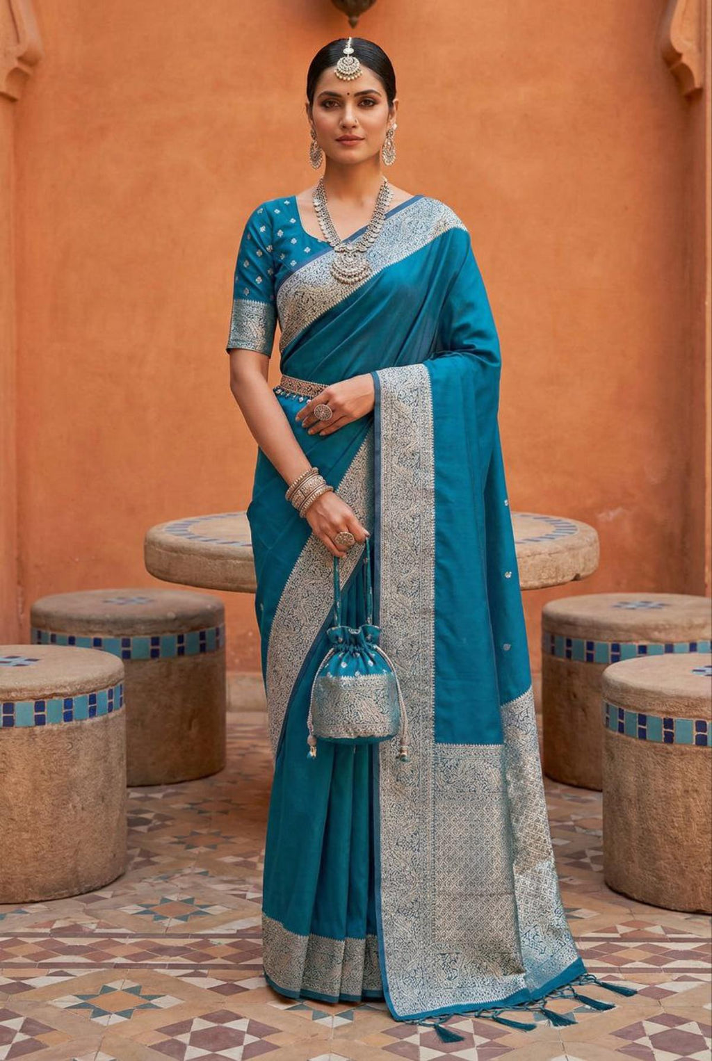 Mameraa Sarees Teal Soft Banarasi Silk Fabric Saree With Natural Zari Weaving In Gala Border-Teal | Grocsy