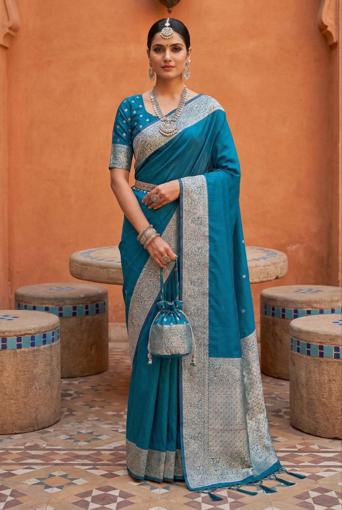 Mameraa Sarees Teal Soft Banarasi Silk Fabric Saree With Natural Zari Weaving In Gala Border-Teal | Grocsy