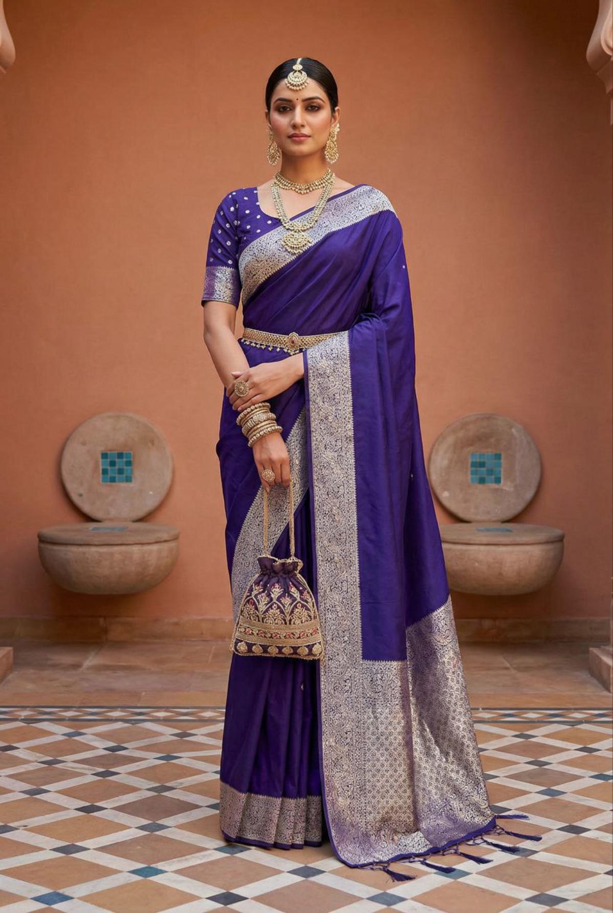 Mameraa Sarees Violet Soft Banarasi Silk Fabric Saree With Natural Zari Weaving In Gala Border-Violet | Grocsy