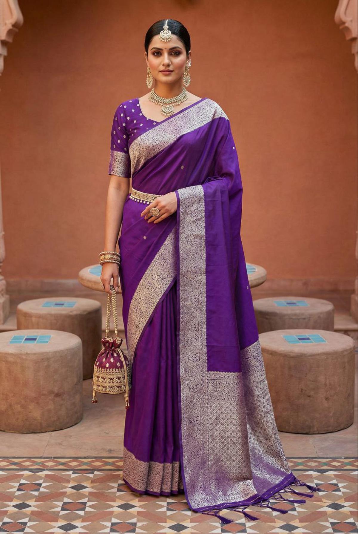 Mameraa Sarees Purple Soft Banarasi Silk Fabric Saree With Natural Zari Weaving In Gala Border-Purple | Grocsy