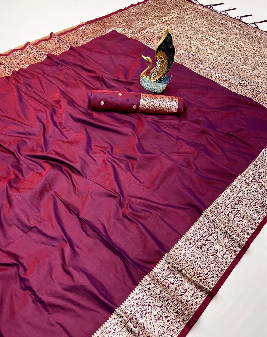 Mameraa Sarees Wine Soft Banarasi Silk Fabric Saree With Natural Zari Weaving In Gala Border-Wine | Grocsy