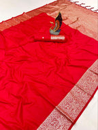 Mameraa Sarees Red Soft Banarasi Silk Fabric Saree With Natural Zari Weaving In Gala Border-Red | Grocsy