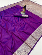 Mameraa Sarees Purple Soft Banarasi Silk Fabric Saree With Natural Zari Weaving In Gala Border-Purple | Grocsy