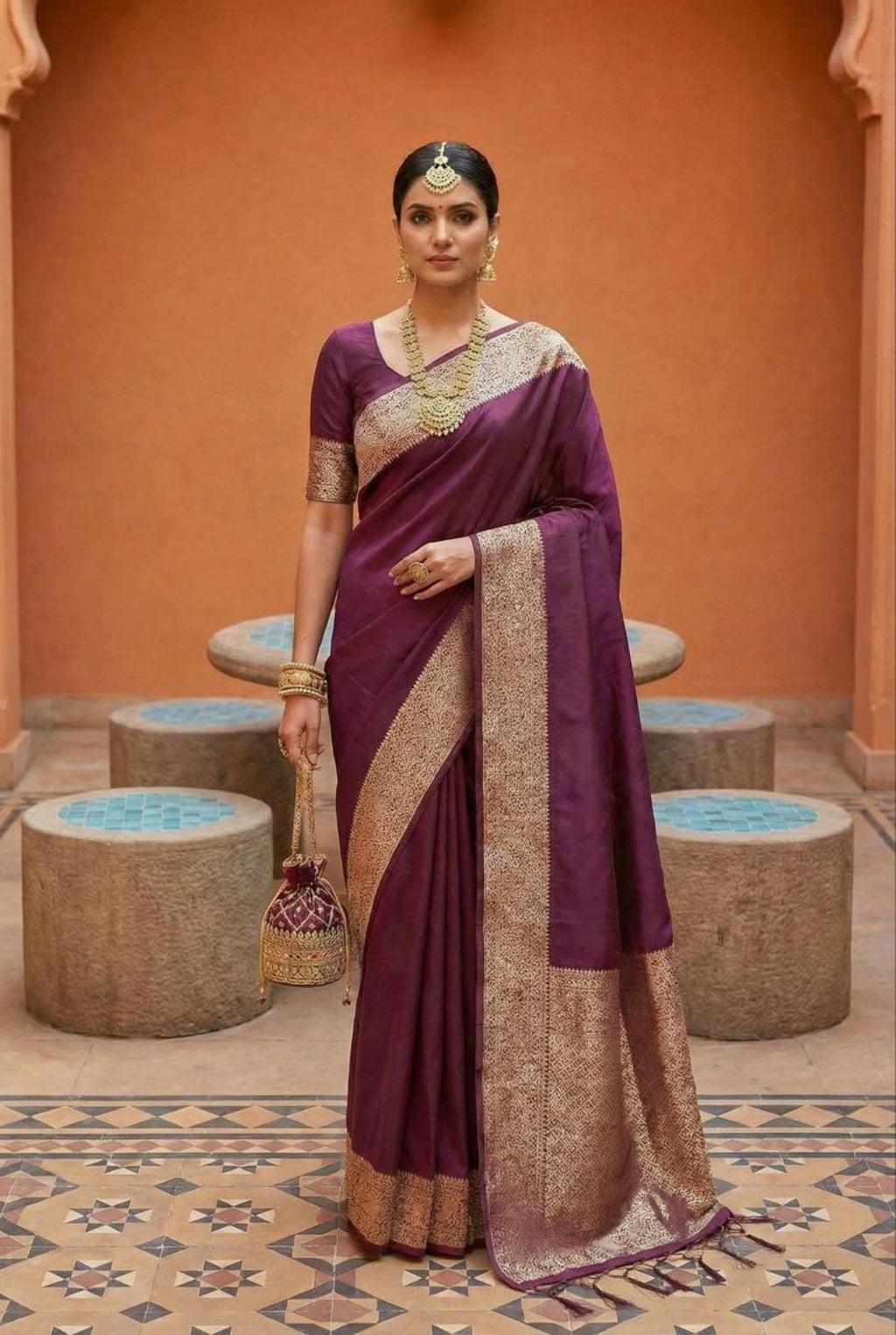 Mameraa Sarees Wine Soft Banarasi Silk Fabric Saree With Natural Zari Weaving In Gala Border-Wine | Grocsy