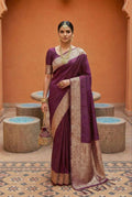 Mameraa Sarees Wine Soft Banarasi Silk Fabric Saree With Natural Zari Weaving In Gala Border-Wine | Grocsy