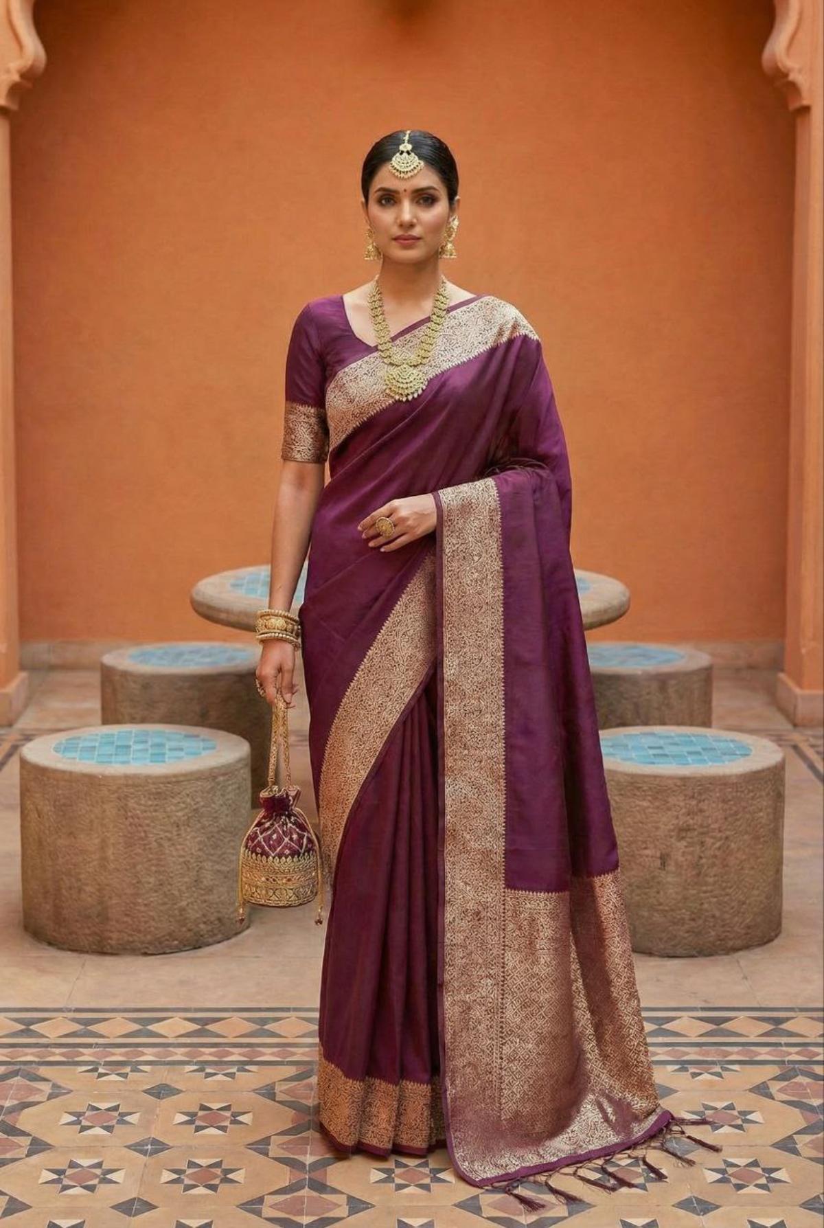 Mameraa Sarees Wine Soft Banarasi Silk Fabric Saree With Natural Zari Weaving In Gala Border-Wine | Grocsy