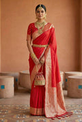 Mameraa Sarees Red Soft Banarasi Silk Fabric Saree With Natural Zari Weaving In Gala Border-Red | Grocsy