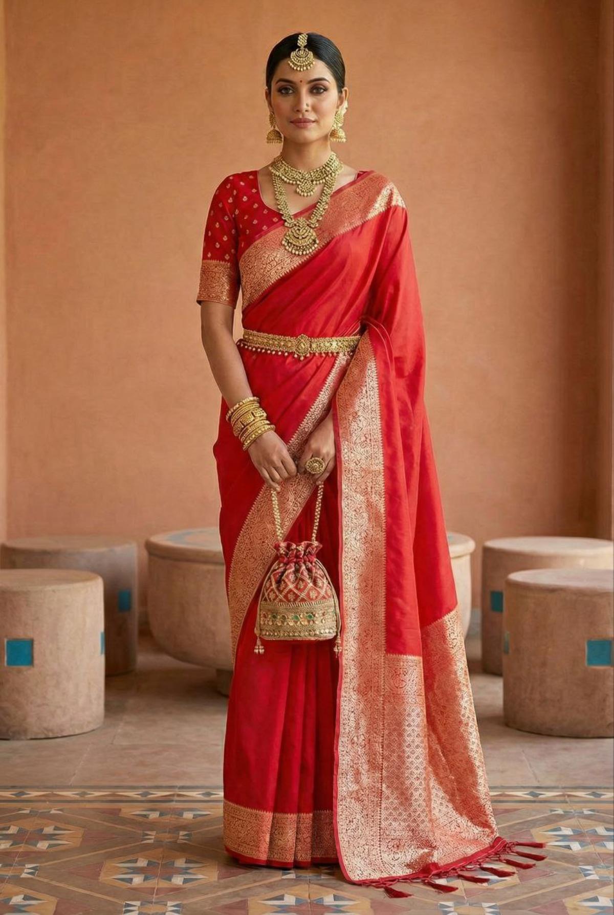 Mameraa Sarees Red Soft Banarasi Silk Fabric Saree With Natural Zari Weaving In Gala Border-Red | Grocsy