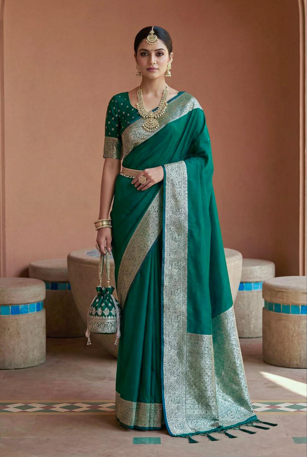 Mameraa Sarees Sea Green Soft Banarasi Silk Fabric Saree With Natural Zari Weaving In Gala Border-Sea_Green | Grocsy