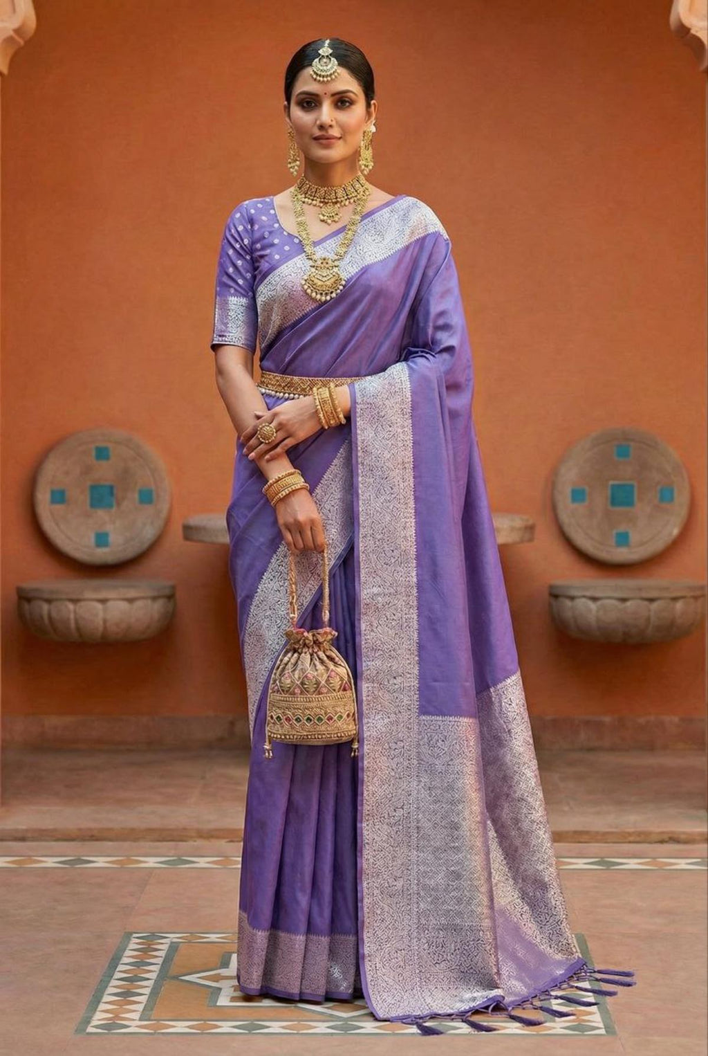 Mameraa Sarees Lavender Soft Banarasi Silk Fabric Saree With Natural Zari Weaving In Gala Border-Lavender | Grocsy