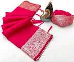 Mameraa Sarees Pink Soft Banarasi Silk Fabric Saree With Natural Zari Weaving In Gala Border-Pink | Grocsy