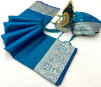Mameraa Sarees Teal Soft Banarasi Silk Fabric Saree With Natural Zari Weaving In Gala Border-Teal | Grocsy