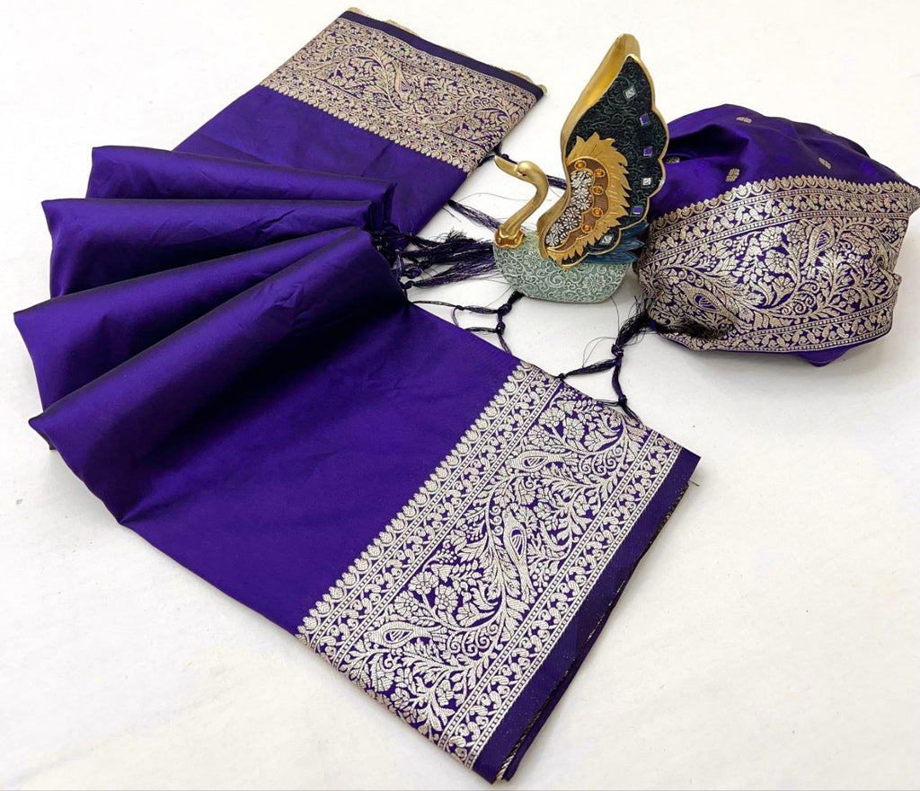 Mameraa Sarees Violet Soft Banarasi Silk Fabric Saree With Natural Zari Weaving In Gala Border-Violet | Grocsy