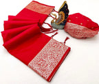 Mameraa Sarees Red Soft Banarasi Silk Fabric Saree With Natural Zari Weaving In Gala Border-Red | Grocsy