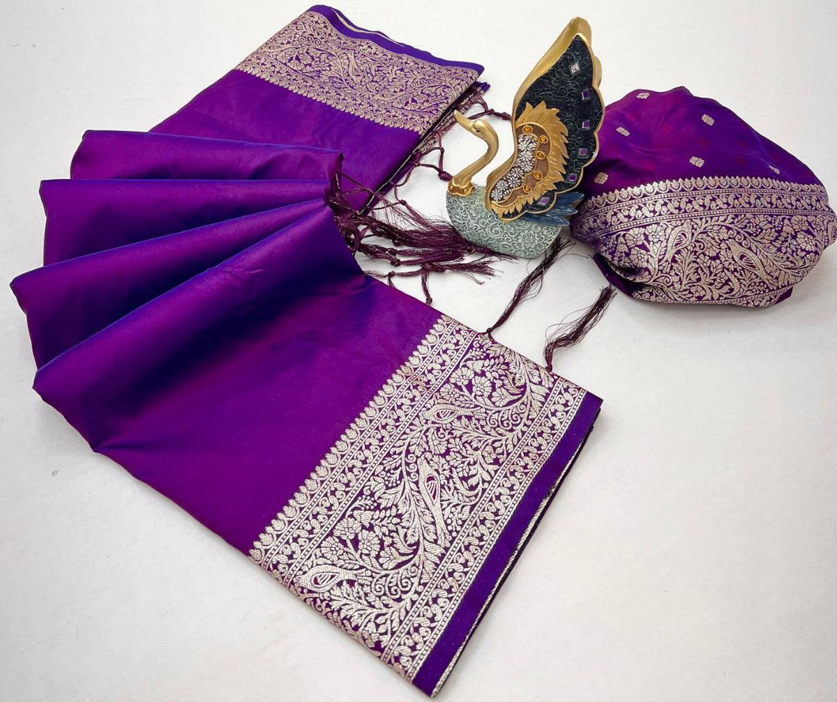 Mameraa Sarees Purple Soft Banarasi Silk Fabric Saree With Natural Zari Weaving In Gala Border-Purple | Grocsy