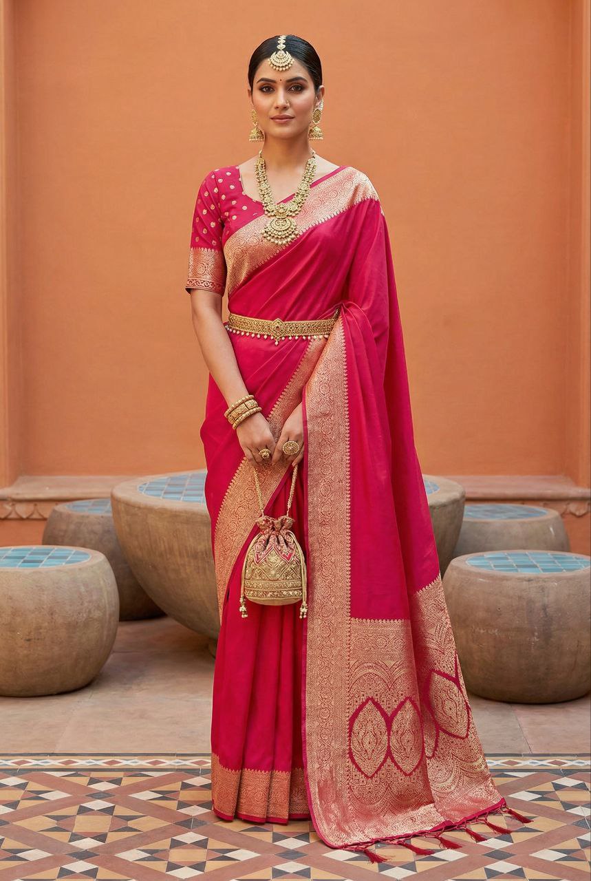 Mameraa Sarees Pink Soft Banarasi Silk Fabric Saree With Natural Zari Weaving In Gala Border-Pink | Grocsy
