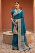 Mameraa Sarees Teal Soft Banarasi Silk Fabric Saree With Natural Zari Weaving In Gala Border-Teal | Grocsy