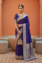 Mameraa Sarees Violet Soft Banarasi Silk Fabric Saree With Natural Zari Weaving In Gala Border-Violet | Grocsy