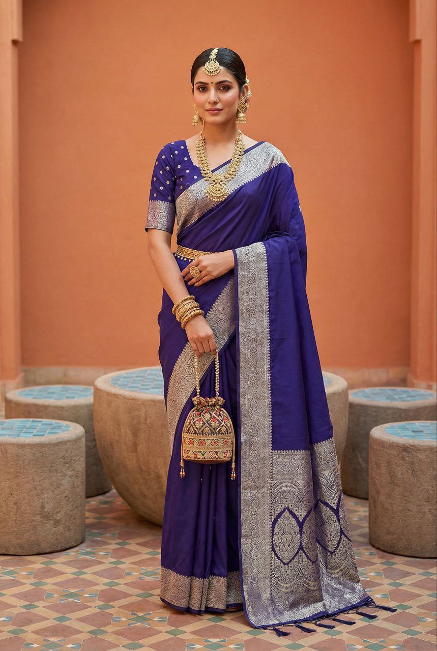 Mameraa Sarees Violet Soft Banarasi Silk Fabric Saree With Natural Zari Weaving In Gala Border-Violet | Grocsy