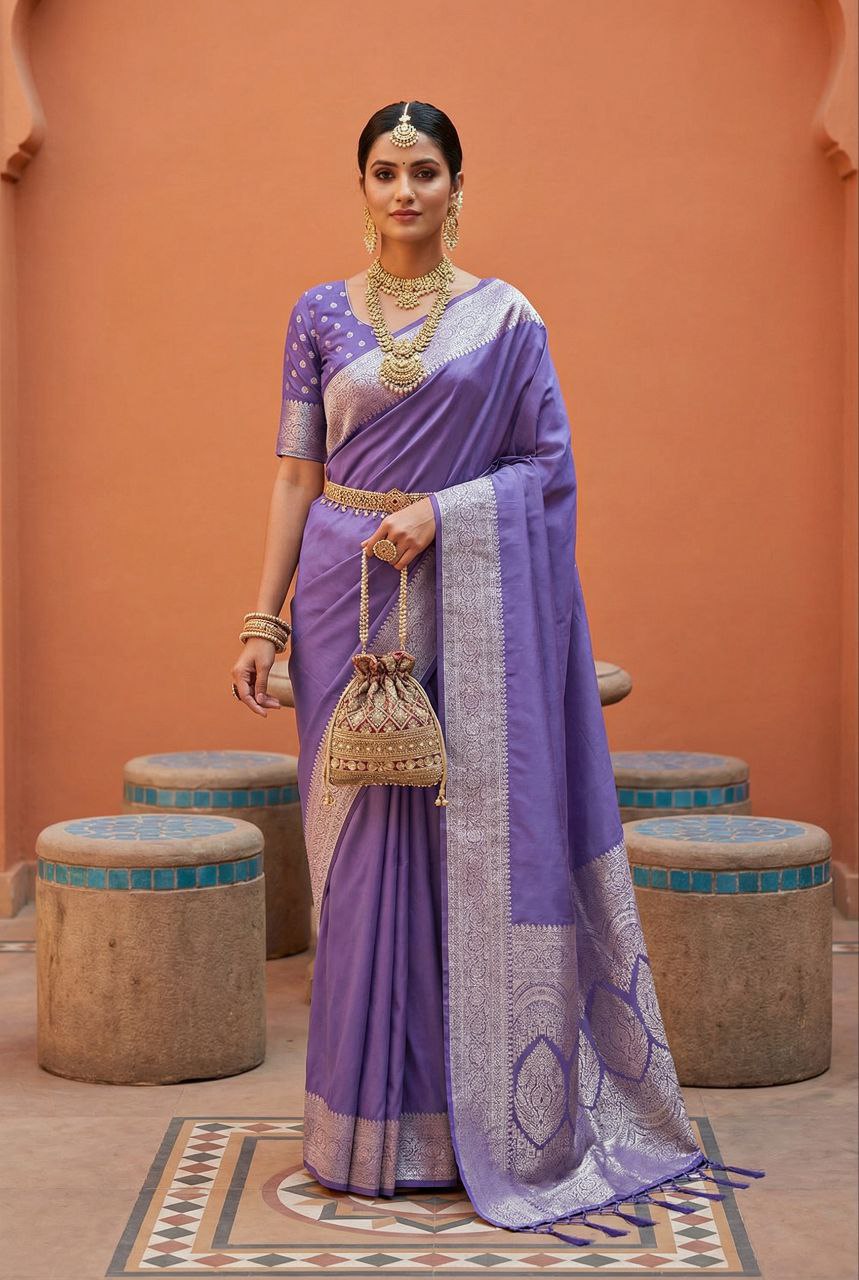 Mameraa Sarees Lavender Soft Banarasi Silk Fabric Saree With Natural Zari Weaving In Gala Border-Lavender | Grocsy