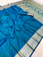 Mameraa Sarees Teal Soft Banarasi Silk Fabric Saree With Natural Zari Weaving In Gala Border-Teal | Grocsy