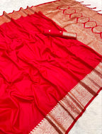 Mameraa Sarees Red Soft Banarasi Silk Fabric Saree With Natural Zari Weaving In Gala Border-Red | Grocsy