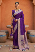 Mameraa Sarees Purple Soft Banarasi Silk Fabric Saree With Natural Zari Weaving In Gala Border-Purple | Grocsy