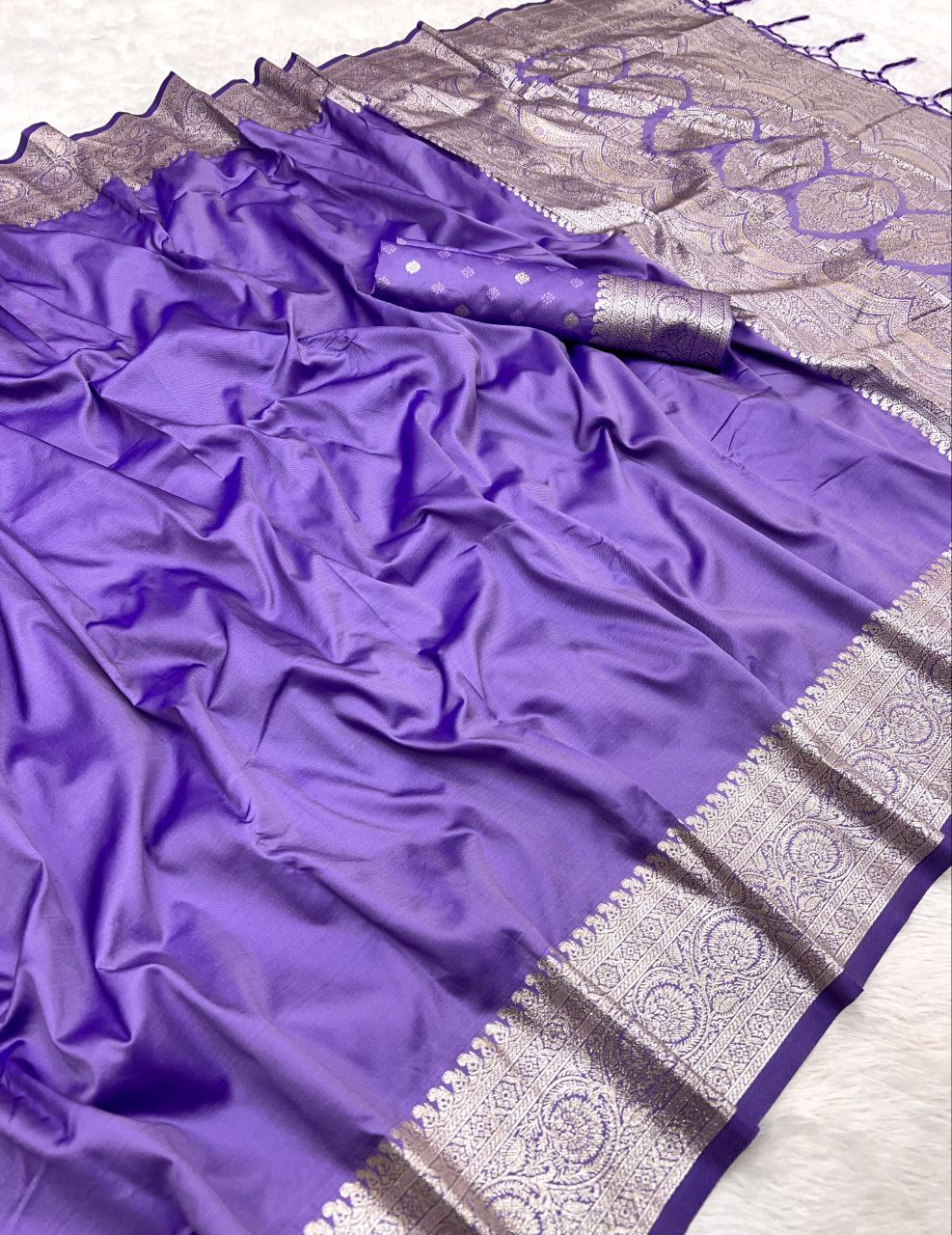 Mameraa Sarees Lavender Soft Banarasi Silk Fabric Saree With Natural Zari Weaving In Gala Border-Lavender | Grocsy