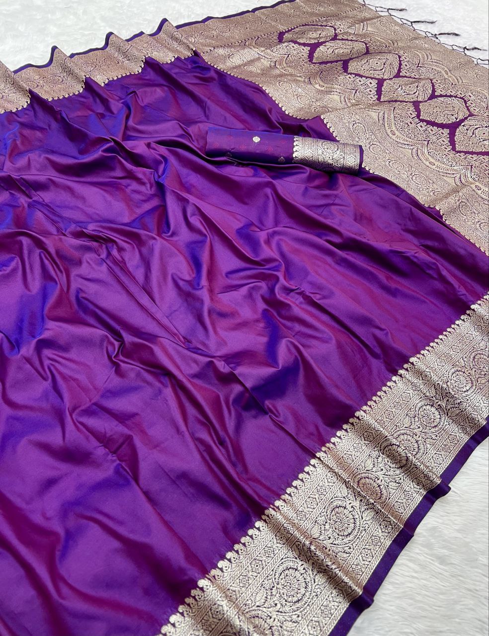 Mameraa Sarees Purple Soft Banarasi Silk Fabric Saree With Natural Zari Weaving In Gala Border-Purple | Grocsy
