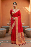 Mameraa Sarees Red Soft Banarasi Silk Fabric Saree With Natural Zari Weaving In Gala Border-Red | Grocsy
