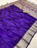 Mameraa Sarees Violet Soft Banarasi Silk Fabric Saree With Natural Zari Weaving In Gala Border-Violet | Grocsy