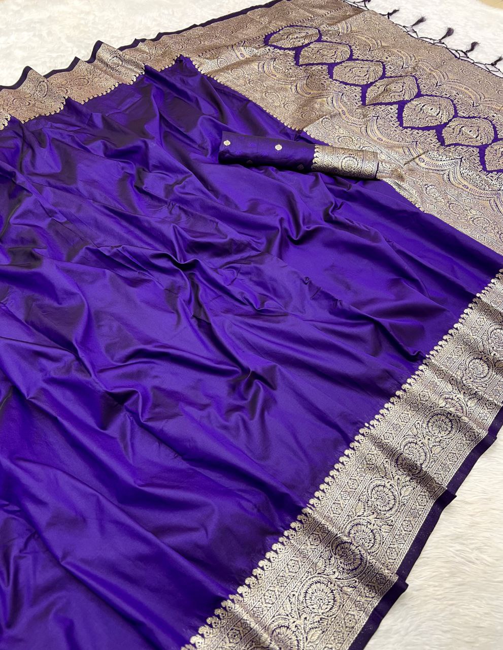 Mameraa Sarees Violet Soft Banarasi Silk Fabric Saree With Natural Zari Weaving In Gala Border-Violet | Grocsy