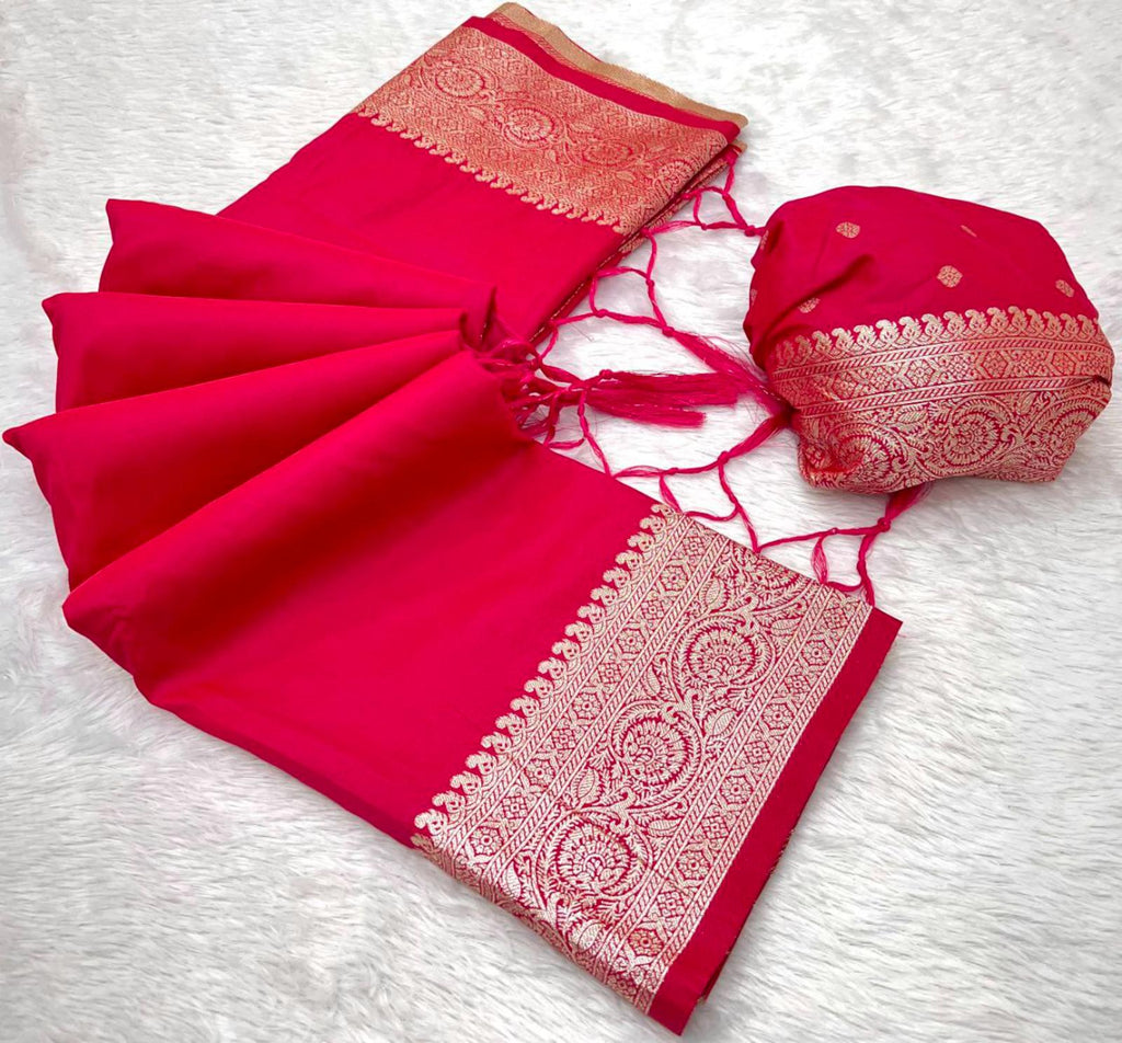 Mameraa Sarees Pink Soft Banarasi Silk Fabric Saree With Natural Zari Weaving In Gala Border-Pink | Grocsy