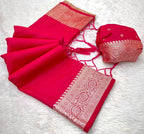Mameraa Sarees Pink Soft Banarasi Silk Fabric Saree With Natural Zari Weaving In Gala Border-Pink | Grocsy