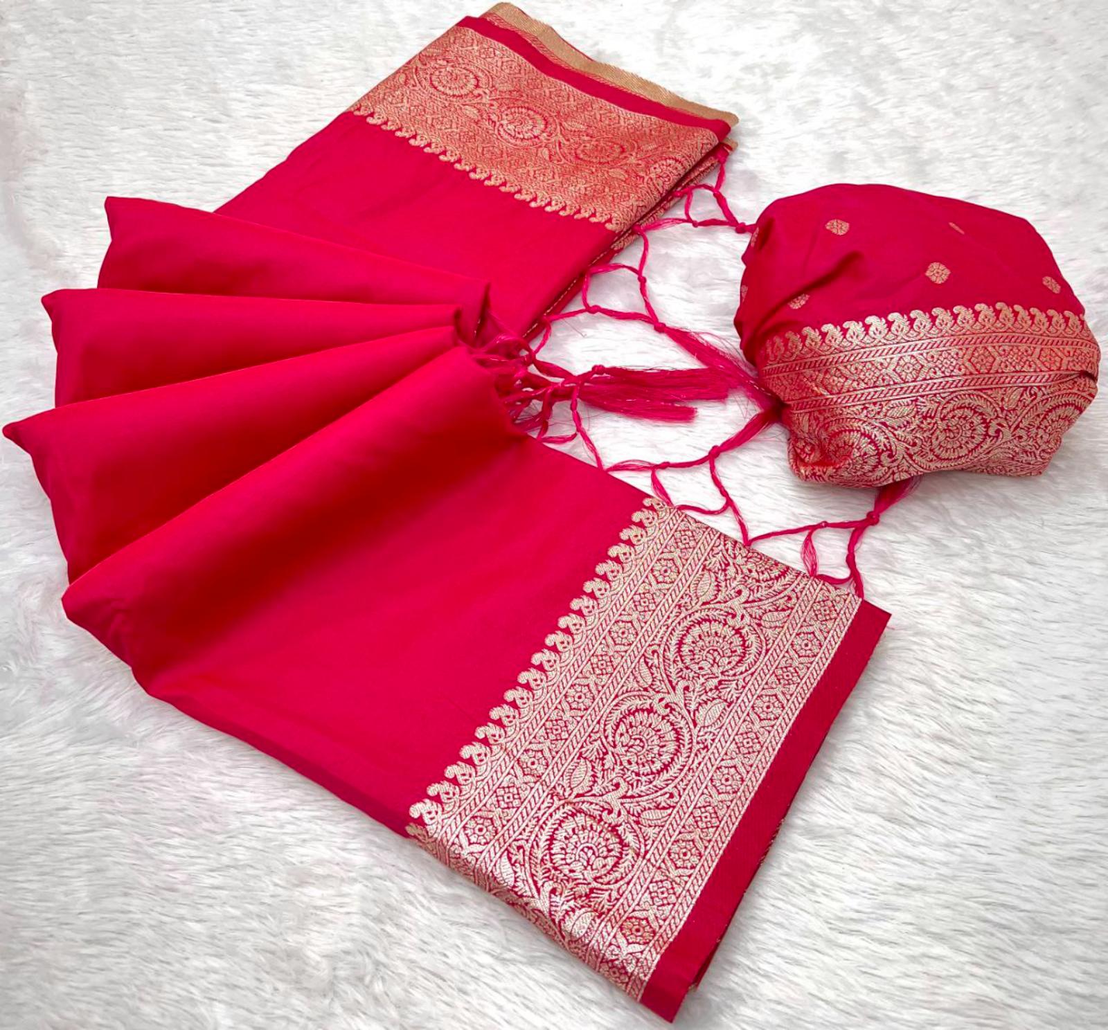 Mameraa Sarees Pink Soft Banarasi Silk Fabric Saree With Natural Zari Weaving In Gala Border-Pink | Grocsy