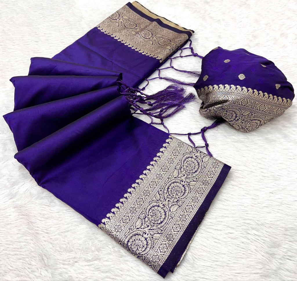 Mameraa Sarees Violet Soft Banarasi Silk Fabric Saree With Natural Zari Weaving In Gala Border-Violet | Grocsy